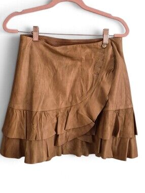 Premium Jione Genuine Leather Tiered Ruffle Wrap Mini Skirt Camel Tan Size 4-6 S